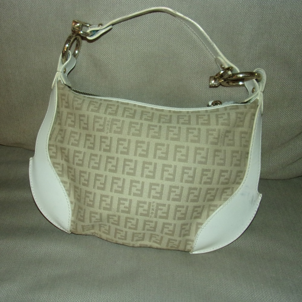 Fendi White Leather and Tan Canvas Monogram Bag